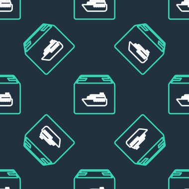 Kutu servis simgesine sahip çizgi kargo gemisi siyah arkaplanda izole edilmiş kusursuz desen. Teslimat, ulaşım. Paketleri, kutuları, malları olan bir şilep. Vektör