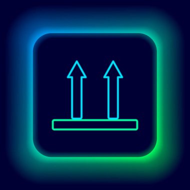 Parlayan neon hattı Bu tarafta siyah arkaplanda izole edilmiş bir simge var. Paketin üst tarafını gösteren iki ok. Bu oklar her zaman yukarıyı göstersin diye kargo tutuldu. Renkli taslak konsepti. Vektör
