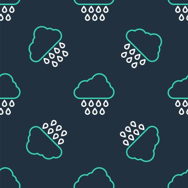 Yağmur ikonuna sahip çizgi bulutu siyah arka planda izole edilmiş pürüzsüz desen. Yağmur damlaları ile yağmur bulutu yağışı. Vektör