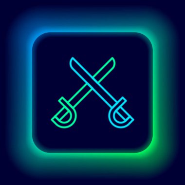 Parlayan neon hattı çapraz korsan kılıcı simgesi siyah arka planda izole edildi. Kılıç işareti. Renkli taslak konsepti. Vektör