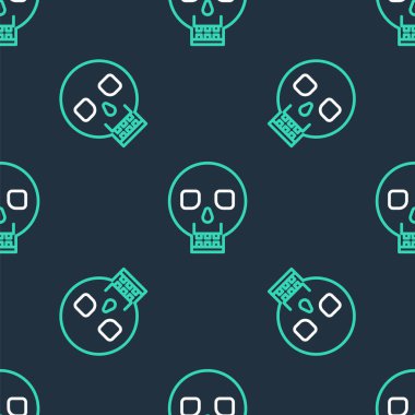 Çizgi Kurukafa simgesi siyah arkaplanda kusursuz desen izole etti. Mutlu Cadılar Bayramı Partisi. Vektör