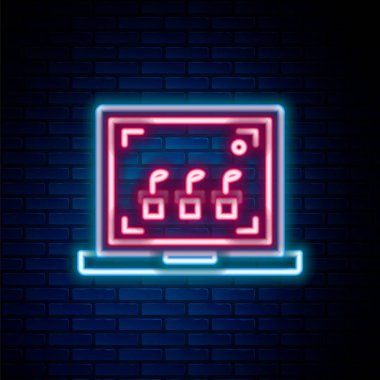 Parlayan neon hattı Akıllı tarım teknolojisi - Tuğla duvar arkasında izole edilmiş çiftlik otomasyon sistemi ikonu. Renkli taslak konsepti. Vektör