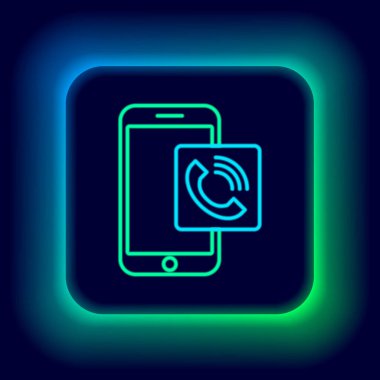 Parlayan neon hattı cep telefonu arama simgesi siyah arkaplanda izole edildi. Renkli taslak konsepti. Vektör