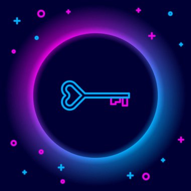 Parlayan neon çizgisi Anahtar kalp şeklindeki simge siyah arkaplanda izole edildi. Sevgililer Günü sembolü. Renkli taslak konsepti. Vektör