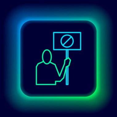 Parlayan neon hattı. Doğa, siyah arkaplanda izole edilmiş protesto simgesini koruyor. Dünya gezegeni koruması, çevre sorunları gösterisi. Renkli taslak konsepti. Vektör