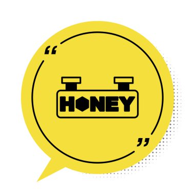 Beyaz arka planda bal peteği olan siyah asma işareti. İmza simgesi. Bal hücrelerinin sembolü. Tatlı doğal yemek. Sarı konuşma balonu sembolü. Vektör