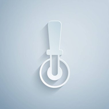 Kağıt kesiği pizza bıçağı ikonu gri arka planda izole edilmiş. Pizza kesme tabelası. Çelik mutfak gereçleri. Kağıt sanatı tarzı. Vektör