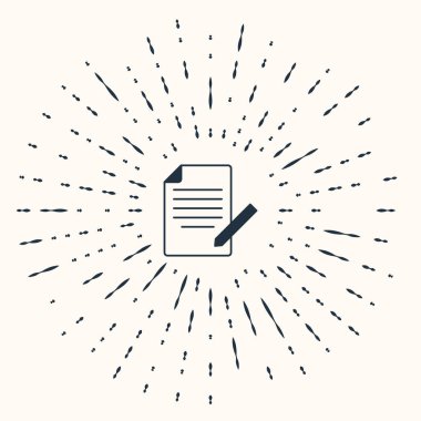 Gri Belge ve kalem simgesi bej arka planda izole edildi. Dosya simgesi. Kontrol listesi simgesi. İş konsepti. Soyut çember rastgele noktalar. Vektör