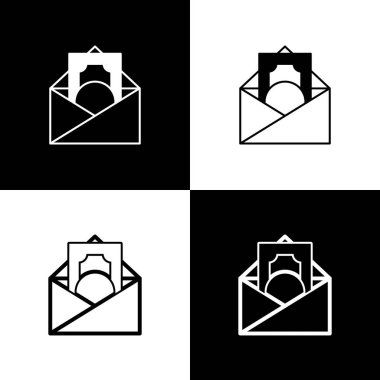 Zarfı siyah ve beyaz arkaplanda izole edilmiş bozuk para dolar sembolü simgesi ile ayarla. Maaş zammı, maaş bordrosu, tazminat geliri. Vektör