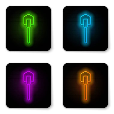 Parlayan neon çizgisi kürek simgesi beyaz arkaplanda izole edildi. Bahçe aletleri. Bahçecilik, tarım, çiftçilik aleti. Siyah kare düğme. Vektör