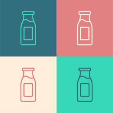 Pop sanat serisi renkli arka planda izole edilmiş süt ikonu olan kapalı cam şişe. Vektör