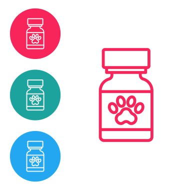 Kırmızı çizgi ilaç şişesi ve beyaz arka planda izole edilmiş ilaç ikonu. İçinde haplar olan konteynır. Hayvan için reçeteli ilaç. Simgeleri daire düğmelerine ayır. Vektör