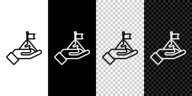 Siyah beyaz, şeffaf arkaplanda izole edilmiş bayrak ile çizgi dağları oluşturun. Zaferin ya da başarının sembolü. Gol başarısı. Vektör