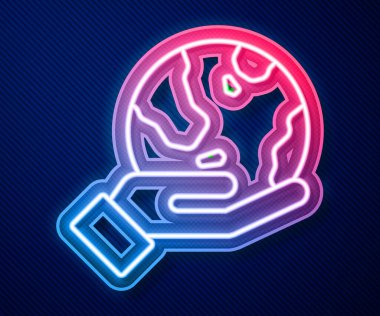 Parlayan neon hattı. Mavi arka planda Dünya 'nın simgesini tutan insan eli. Dünya kavramını sakla. Vektör