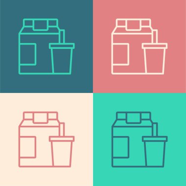 Pop Art Line Online sipariş ve fast food dağıtım ikonu renkli arka planda izole edildi. Vektör