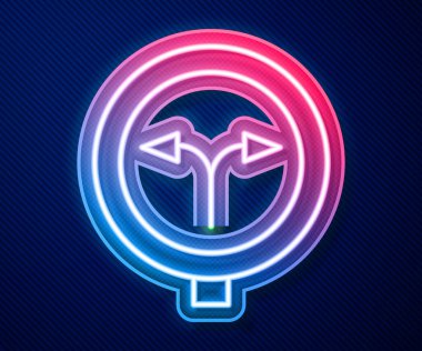 Parlayan neon hattı Fork yol simgesinde mavi arkaplanda izole edildi. Vektör