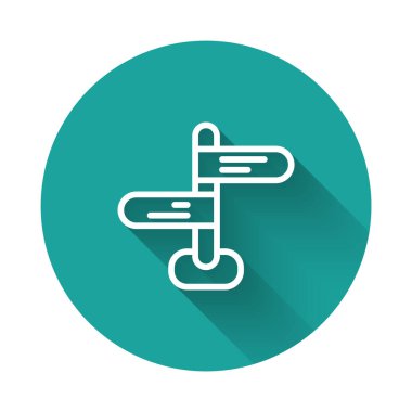 Beyaz çizgi trafik levhası. Sinyal direği simgesi uzun gölge arkaplanı ile izole edildi. İşaretçi sembolü. İzole sokak bilgi levhası. Yön tabelası. Yeşil daire düğmesi. Vektör