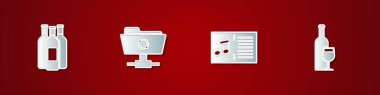 Şarap şişeleri, FTP senkronizasyonu, notalı müzik kitabı ve şarap şişesi ikonu. Vektör.