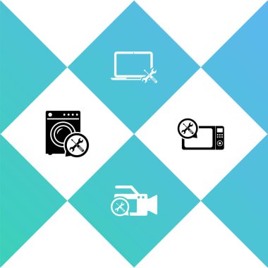 Çamaşır makinesi, video kamera, dizüstü bilgisayar ve mikrodalga fırın ikonunu ayarla. Vektör.