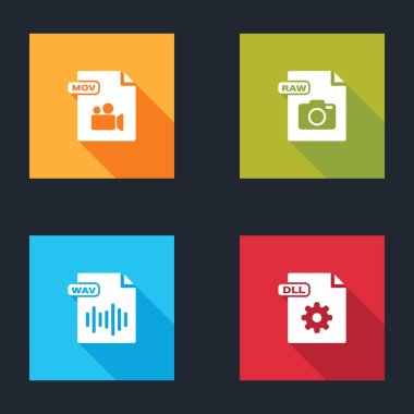 MOV dosya belgesini, RAW, WAV ve DLL simgesini ayarla. Vektör.