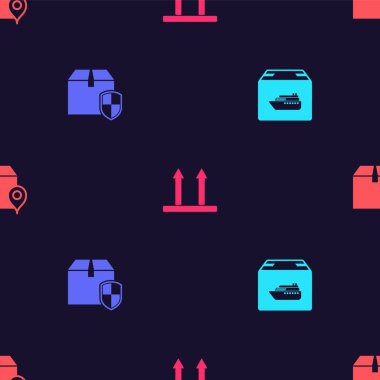 Kargo gemisini kutularla, teslimat kalkanlarıyla, bu tarafı ve karton kartonla donatın. Vektör.