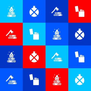 Kamp ateşi, kantin su şişesi, tahta balta, odun ve çakmak ikonu. Vektör.