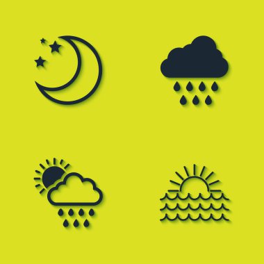 Batan Ay ve yıldızlar, Gün batımı, Yağmur güneşli ve ikonlu Bulut. Vektör.