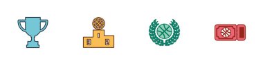 Set Ödülü kupası, basketbol topu ve basketbol bileti ikonu ile spor şampiyonu podyumu. Vektör.