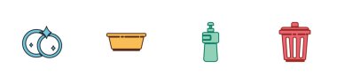 Bulaşık, plastik leğen, bulaşık deterjanı ve çöp tenekesi ikonunu hazırla. Vektör.