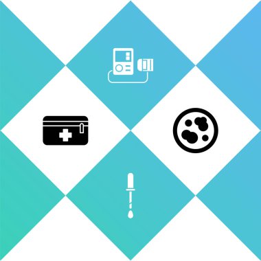 İlk yardım çantasını, Pipette 'i, kan basıncını ve bakteri simgesiyle Petri kabını hazırlayın. Vektör.