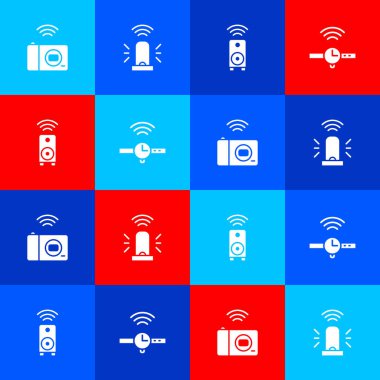 Akıllı fotoğraf makinesi, teşhirci sireni, stereo hoparlör ve Smartwatch simgesini ayarla. Vektör.