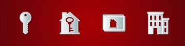 Ev anahtarını çevrimiçi emlak evi ve ikonu ile birlikte ayarla. Vektör.