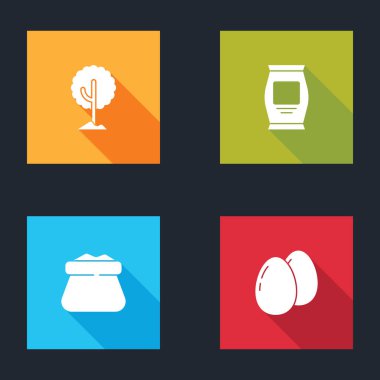 Ağaç seti, gübre torbası, çuval ve tavuk yumurtası ikonu. Vektör.