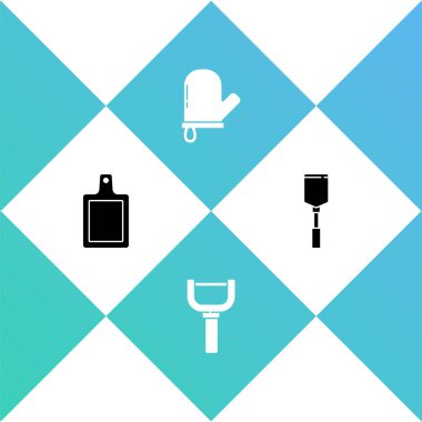 Kesme tahtası, Peeler, fırın eldiveni ve Spatula simgesini ayarla. Vektör.