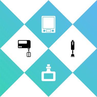 Elektrik karıştırıcı, sos şişesi, elektronik ölçekler ve mikser simgesi ayarla. Vektör.