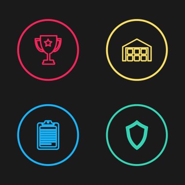 Belge, Kalkan, Depo ve Kupa ikonu içeren bir çizgi çiz. Vektör.