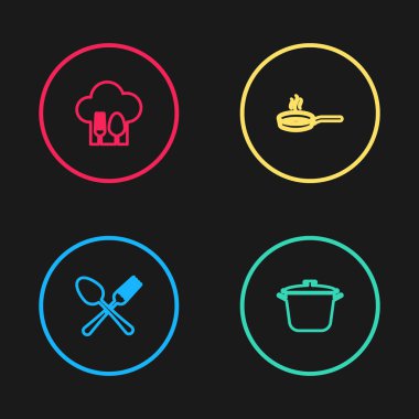 Çizgi çizgisi çatal ve kaşık, tencere, tava ve ikonlu şef şapkası. Vektör.