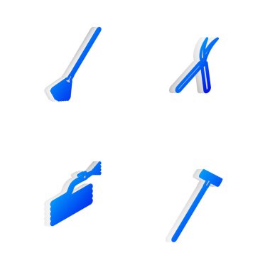 El yapımı bahçe makası, yapraklar için tırmık, hortum, yangın hortumu ve ikon hazırlayın. Vektör.