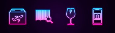 Uçak ve karton kutular, arama barkodları, kırılgan cam ve mobil uygulama takibi. Parlayan neon ikonu. Vektör.