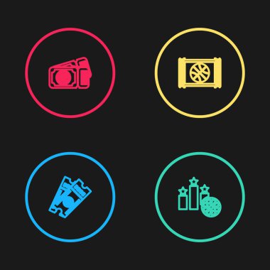 Set çizgisi basketbol maçı bileti, spor şampiyonu podyumu, video ve ikon. Vektör.