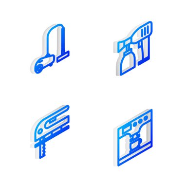 Isometric hattı sprey tabanca, elektrikli süpürge, elektrikli testere, kahve makinesi ve bardak ikonu ayarla. Vektör.