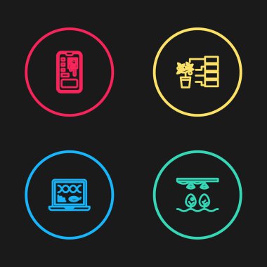 Genetik mühendisliği modifikasyonunu, ampullü akıllı çiftliği, çiçek analizini ve tarım sistemi ikonunu ayarla. Vektör.