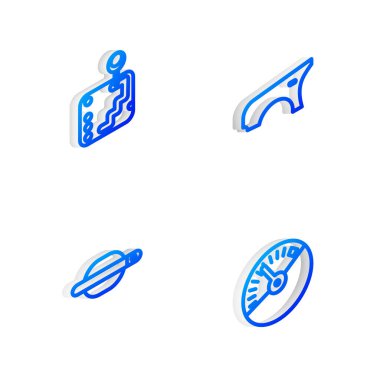 Isometric hattı araba çamurluğu, vites kolu, kapı kolu ve hız göstergesi simgesini ayarla. Vektör.