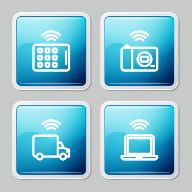 Kablosuz tablet, akıllı fotoğraf makinesi, kamyon ve dizüstü bilgisayar simgesi ayarla. Vektör