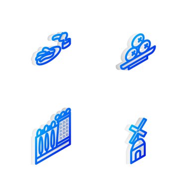 Isometric hattını tabağa koyun, Churros ve çikolata, Dali müzesi ve yel değirmeni ikonu. Vektör