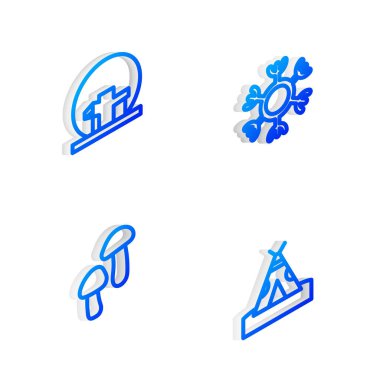 Isometric hattı Snowflake, Montreal Biyosfer, Mantar ve Hint çadırı veya wigwam ikonunu ayarlayın. Vektör