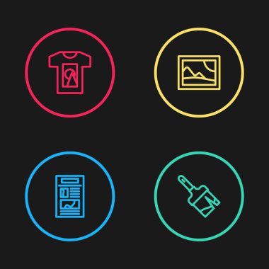 Set hattı haberleri, boya fırçası, resim manzarası ve tişört ikonu. Vektör