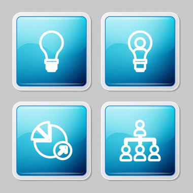 Fikir kavramı, baş lamba, finansal büyüme ve hiyerarşi organogram grafik ikonuna sahip çizgi ampulü kur. Vektör