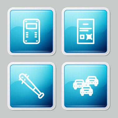 Polis saldırı kalkanı, anket belgesi çivili beyzbol sopası ve trafik sıkışıklığı ikonu. Vektör