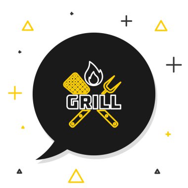 Çizgi çapraz çatal ve spatula simgesi beyaz arkaplanda izole edildi. Ateş alevi. Mangal çatalı ve spatula işareti. Barbekü ve ızgara aletleri. Renkli taslak konsepti. Vektör